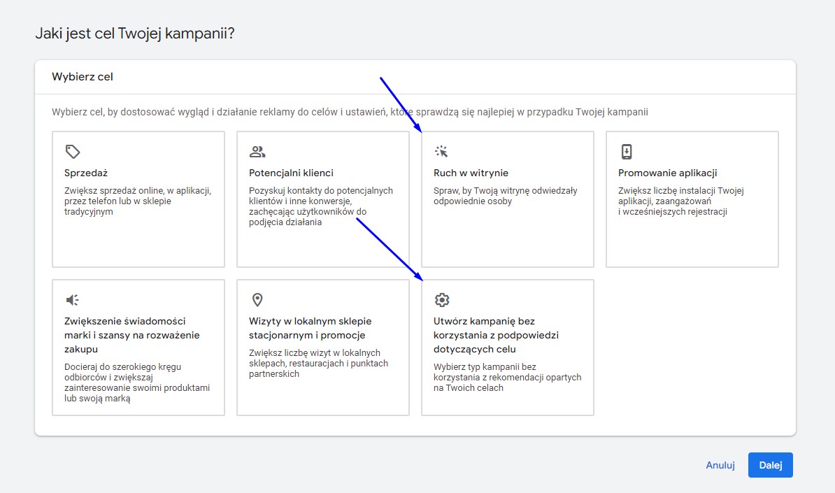 określanie celu kampanii google ads
